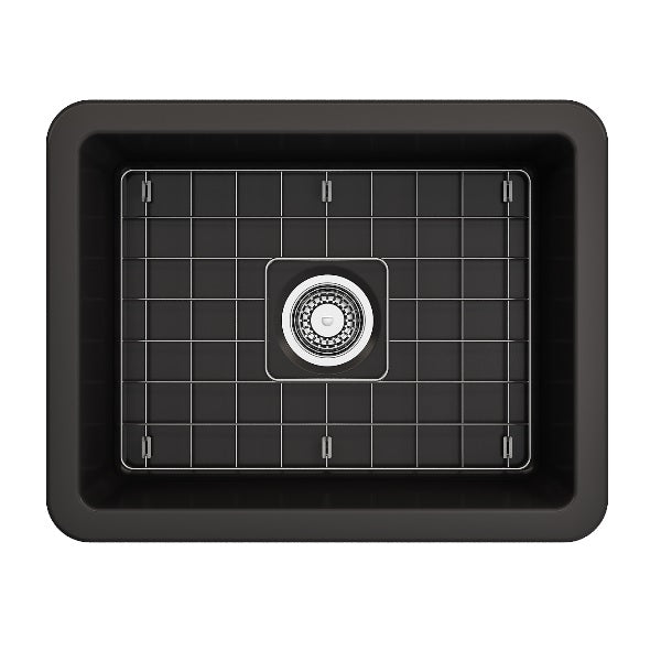 BOCCHI Sotto 24" Matte Black Single Bowl Fireclay Dual-Mount Kitchen Sink w/ Grid