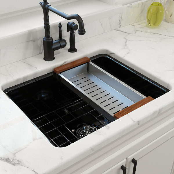 BOCCHI Sotto 24" Black Single Bowl Fireclay Dual-Mount Kitchen Sink w/ Grid