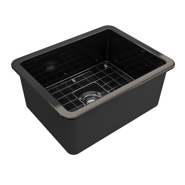 BOCCHI Sotto 24" Black Single Bowl Fireclay Dual-Mount Kitchen Sink w/ Grid