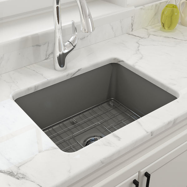 BOCCHI Sotto 24" Matte Gray Single Bowl Fireclay Dual-Mount Kitchen Sink w/ Grid