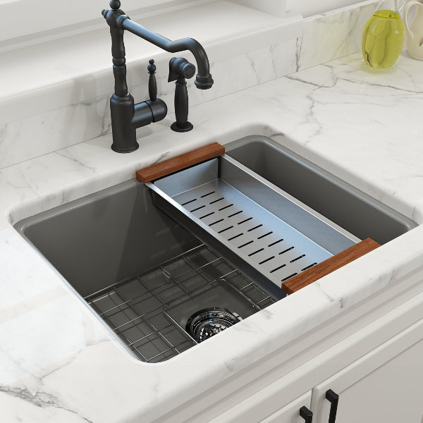 BOCCHI Sotto 24" Matte Gray Single Bowl Fireclay Dual-Mount Kitchen Sink w/ Grid