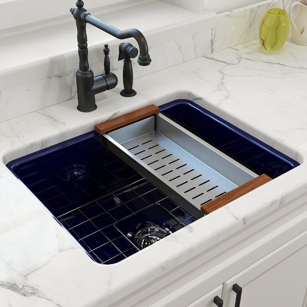 BOCCHI Sotto 24" Sapphire Blue Single Bowl Fireclay Dual-Mount Kitchen Sink w/ Grid