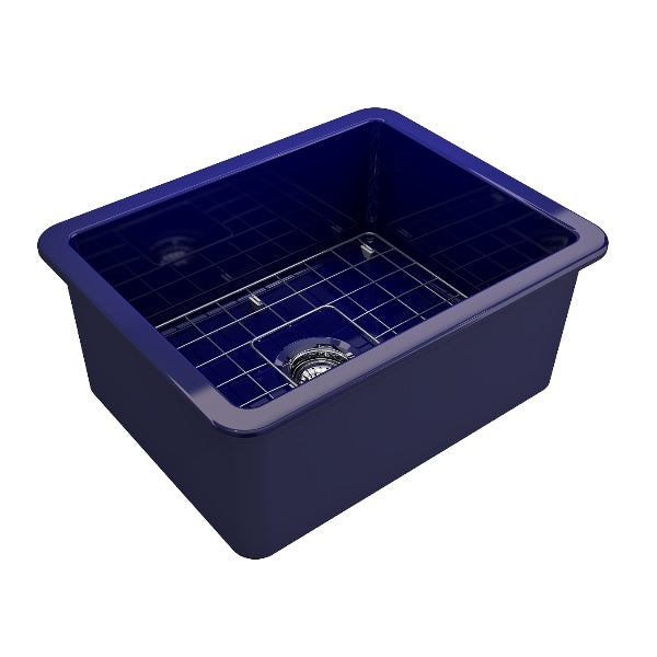 BOCCHI Sotto 24" Sapphire Blue Single Bowl Fireclay Dual-Mount Kitchen Sink w/ Grid