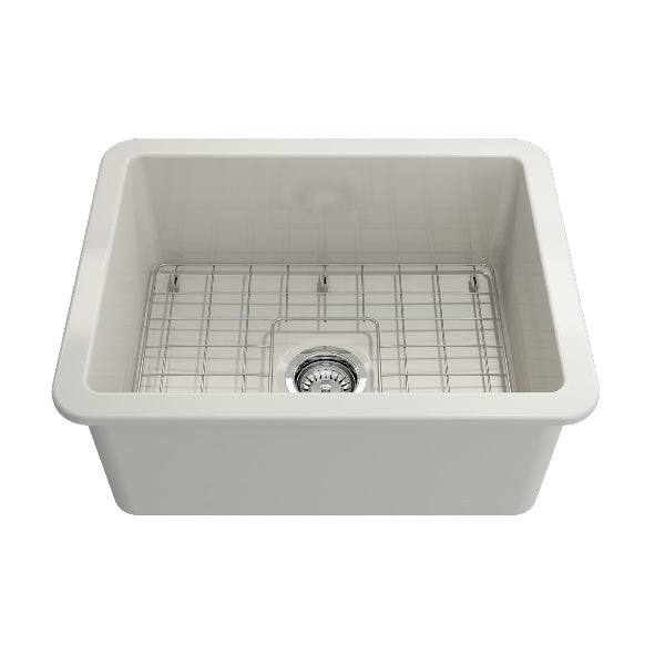 BOCCHI Sotto 24" Biscuit Single Bowl Fireclay Dual-Mount Kitchen Sink w/ Grid
