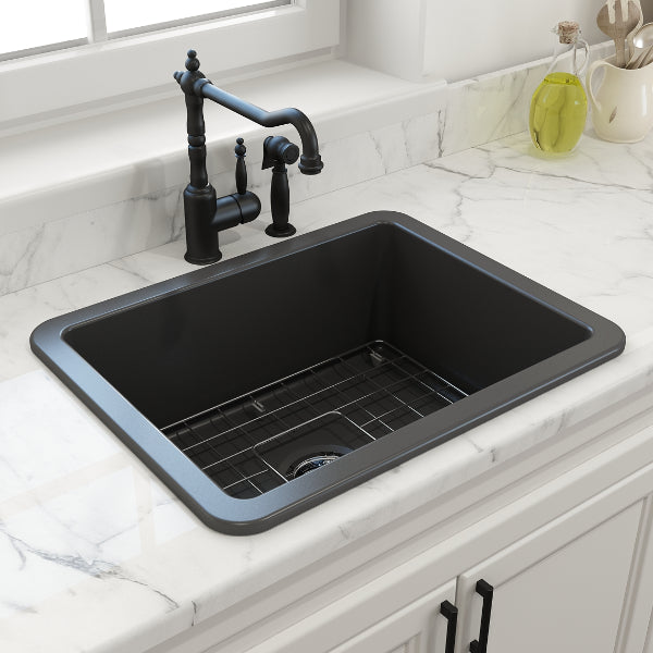 BOCCHI Sotto 24" Dark Gray Single Bowl Fireclay Dual-Mount Kitchen Sink w/ Grid