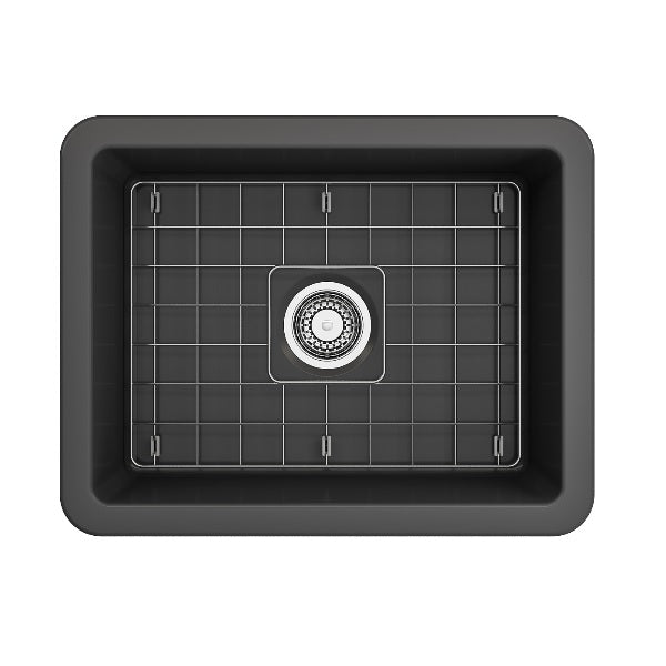BOCCHI Sotto 24" Dark Gray Single Bowl Fireclay Dual-Mount Kitchen Sink w/ Grid