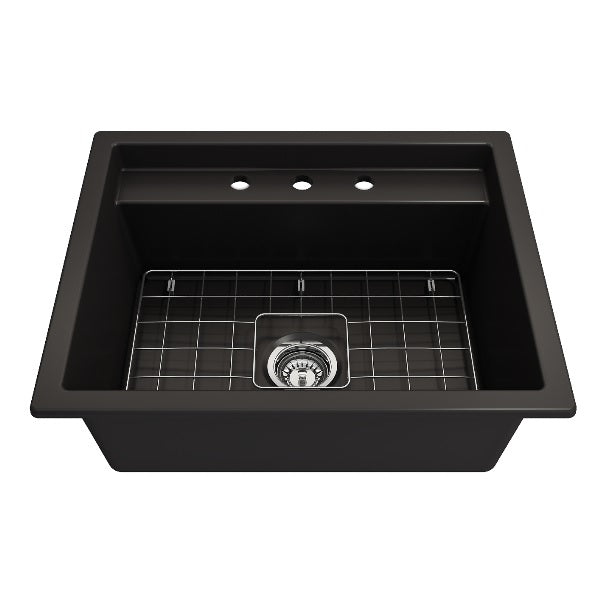 BOCCHI Baveno Uno 27" Matte Black Fireclay Single Bowl Dual-Mount Sink with Integrated Workstation
