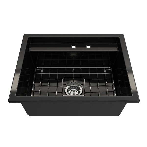 BOCCHI Baveno Uno 27" Black Single Bowl Fireclay Dual-Mount Integrated Workstation 2-hole Sink