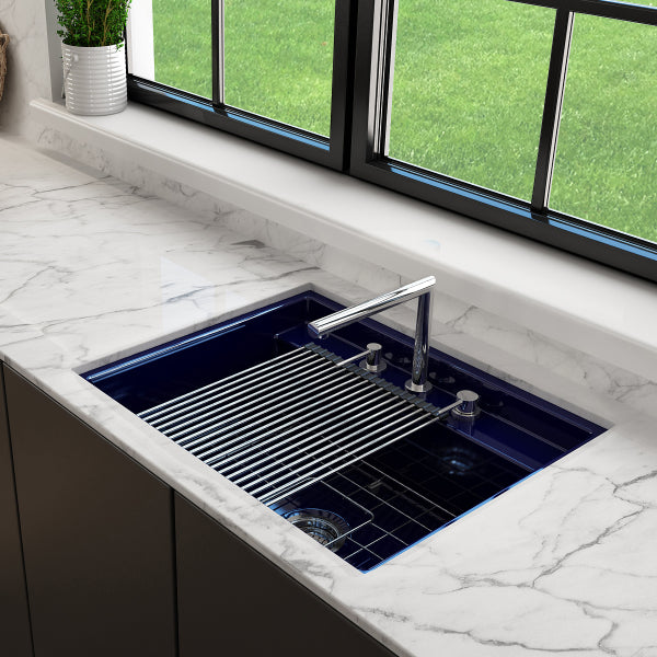 BOCCHI Baveno Uno 27" Blue Fireclay Single Bowl Dual-Mount Sink with Integrated Workstation