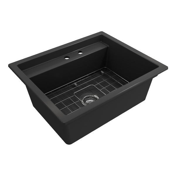 BOCCHI Baveno Uno 27" Dark Gray Single Bowl Fireclay Dual-Mount Integrated Workstation 2-hole Sink