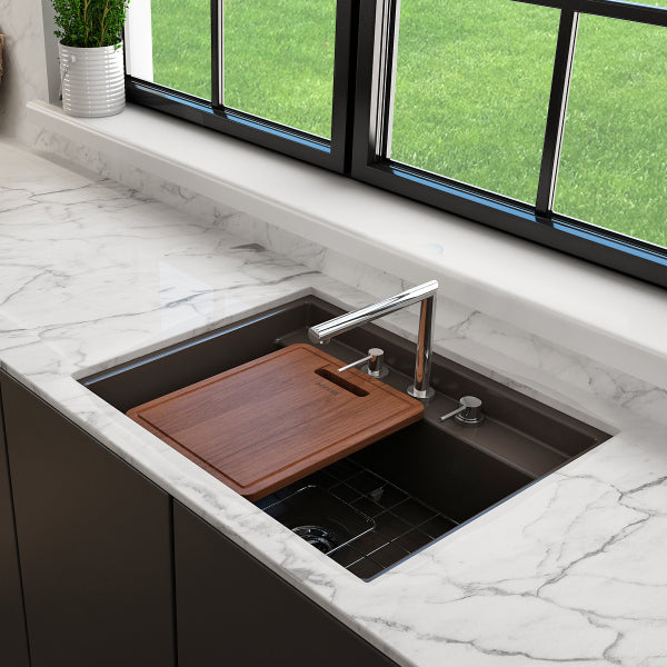 BOCCHI Baveno Uno 27" Brown Fireclay Single Bowl Dual-Mount Sink with Integrated Workstation