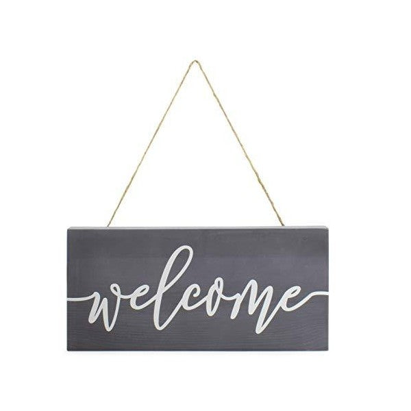 AuldHome 12" Gray with White Script Rustic Style Farmhouse Wooden Welcome Sign