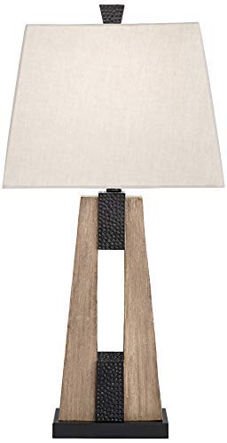 Mitchell Rustic Farmhouse Table Lamps Set of 2 with USB Port Wood Oatmeal Tapered Rectangular Fabric Shade for Living Room Bedroom House Bedside Nightstand Home Office Family - John Timberland