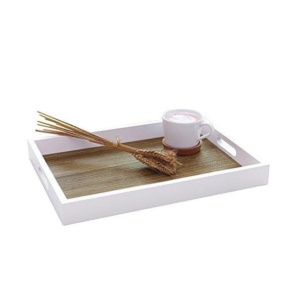 MyGift 16" White Decorative Natural Wood Breakfast Serving Tray with Cutout Handles