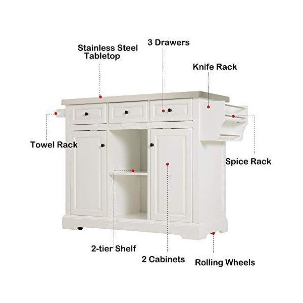 HOMCOM 50" White Portable  Rolling Kitchen Island with Stainless Steel Top