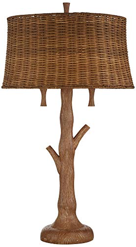 Dawson Rustic Farmhouse Western Style Tall Table Lamp Tree Trunk Brown Rattan Drum Shade Decor for Living Room Bedroom House Bedside Nightstand Home Office Entryway Family - John Timberland
