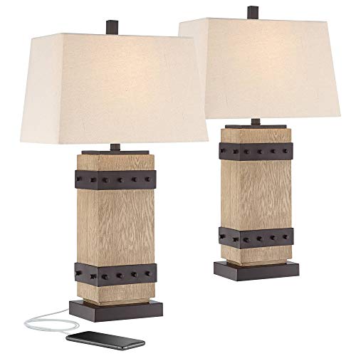 Silas Rustic Table Lamp Set of 2 Faux Wood Faux Iron Off White Tapered Rectangular Shade for Living Room Bedroom Bedside Nightstand Office Family - John Timberland