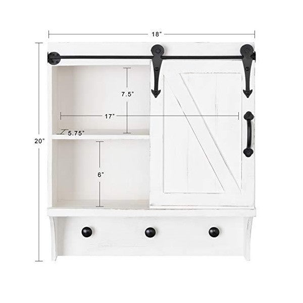 Kate and Laurel Cates 18" White Decorative Farmhouse Cabinet Wall Organizer with Sliding Barn Door and 3 Knobs