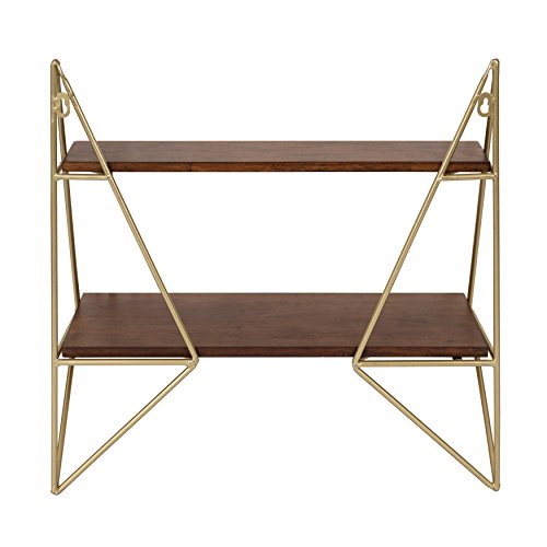 Kate and Laurel Melita Decorative Mid-Century Modern Two-Tier Floating Wall Shelf with Gold Frame and Solid Wood, Walnut Finish