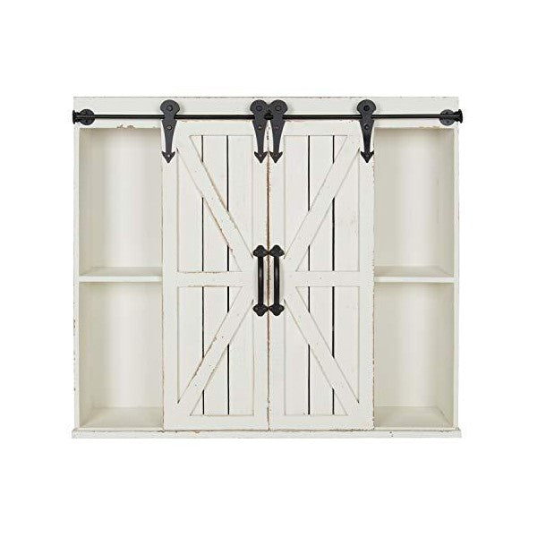 Kate and Laurel Cates 29" White Wood Wall Storage Cabinet with Two Sliding Barn Doors