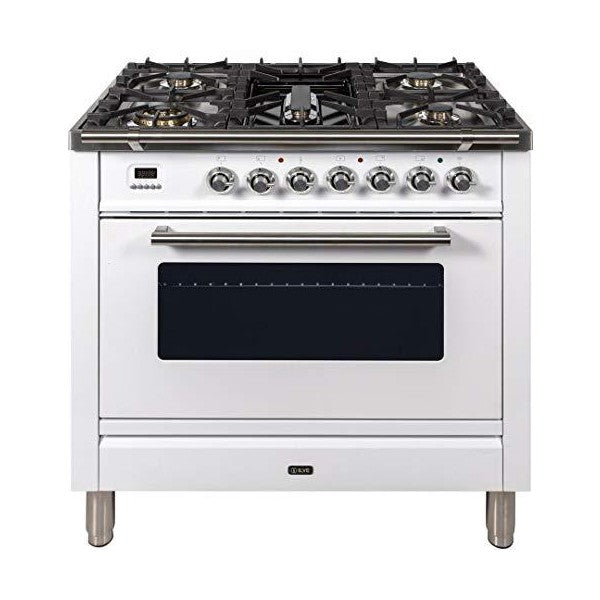 Ilve UPW90FDVGGB 36" White Freestanding Natural Gas Range w/ 3.5 cu. ft. Oven Capacity