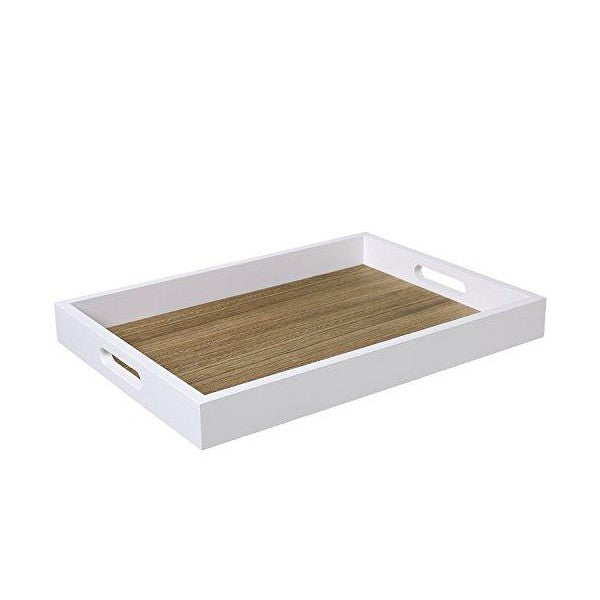 MyGift 16" White Decorative Natural Wood Breakfast Serving Tray with Cutout Handles