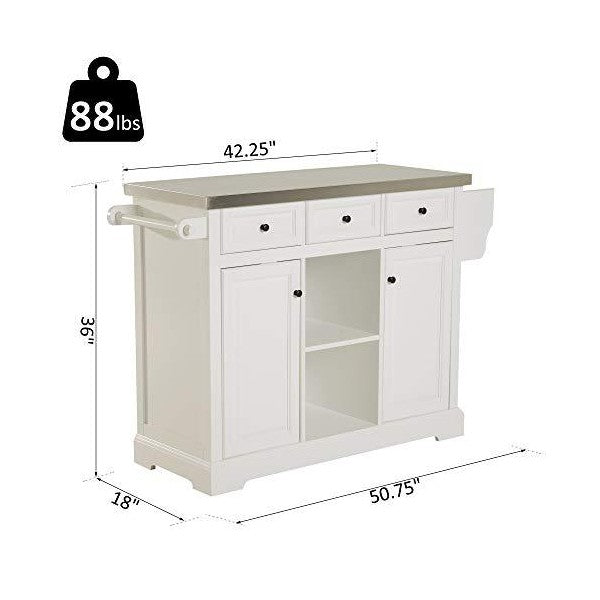 HOMCOM 50" White Portable  Rolling Kitchen Island with Stainless Steel Top