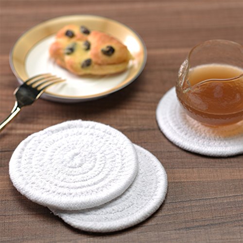 Coasters Set, Pure Cotton Thread Weave Round Drink Hot Pads Mats Coasters Set of 4 by 4.3 Inches Protect Furniture From Excess Condensation & Scratch (White)