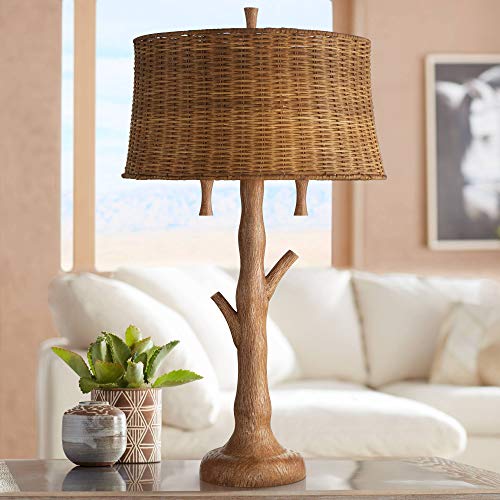 Dawson Rustic Farmhouse Western Style Tall Table Lamp Tree Trunk Brown Rattan Drum Shade Decor for Living Room Bedroom House Bedside Nightstand Home Office Entryway Family - John Timberland