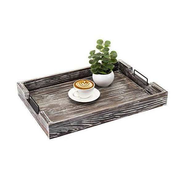MyGift 20" Distressed Torched Wood Serving Tray with Modern Black Metal Handles
