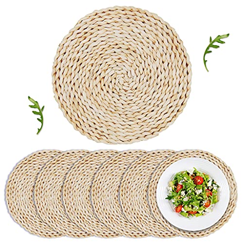 Handmade Woven Placemats Set of 6 - Natural Corn Husk Round Braided Placemats Weave Rattan Tablemats for Dining Table 11.8 Inch Kitchen Large Heat Resistant Mats Boho Home Decor