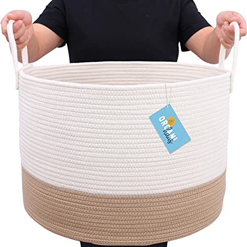 OrganiHaus XXL Cotton Rope Woven Laundry Basket | Laundry Hamper Basket for Blankets | Cotton Blanket Basket | Large Basket for Scandinavian Home Decor (20"x13.3") - Honey/Off-White