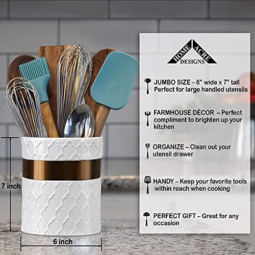 Large White Utensil Holder - 6.5" Farmhouse Countertop Organizer With Gold Marble Design