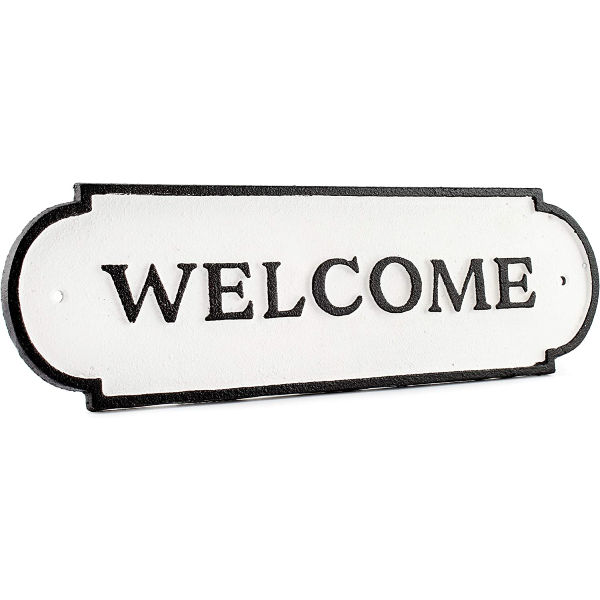 AuldHome 11" White Cast Iron Rustic Farmhouse Metal Plaque Welcome Sign