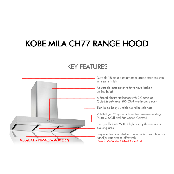 KOBE Mila CH77 SQ6 30" Stainless Steel 600 CFM Wall Mount Range Hood with Flame-Temp Sensor