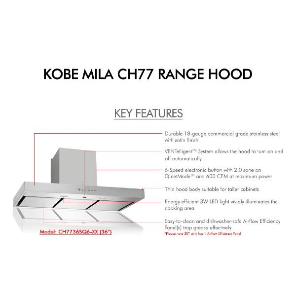 KOBE Premium Mila CH77 36" Stainless Steel 600 CFM Under Cabinet Range Hood