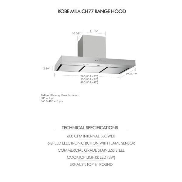 KOBE Premium Mila CH77 48" Stainless Steel 600 CFM Under Cabinet Range Hood