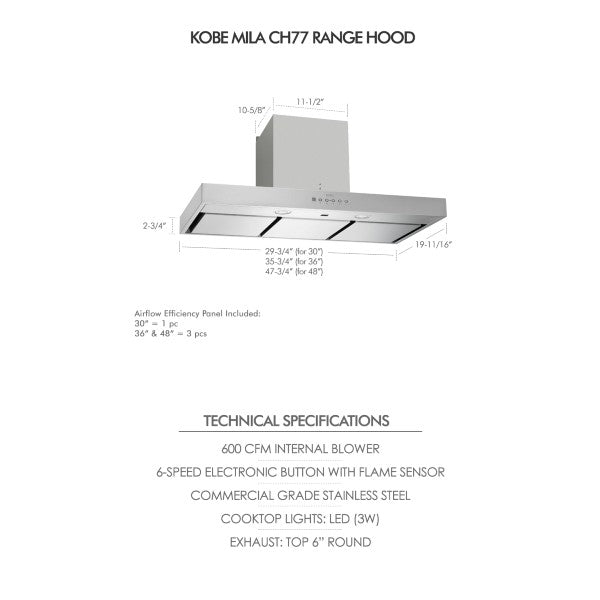 KOBE Premium Mila CH77 30" Stainless Steel 600 CFM Under Cabinet Range Hood