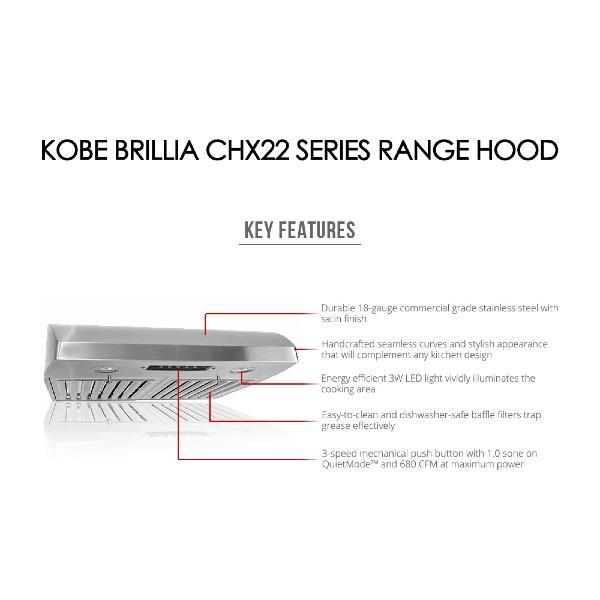 KOBE Brillia CHX2236SQB 36" Stainless Steel 680 CFM Under Cabinet Range Hood