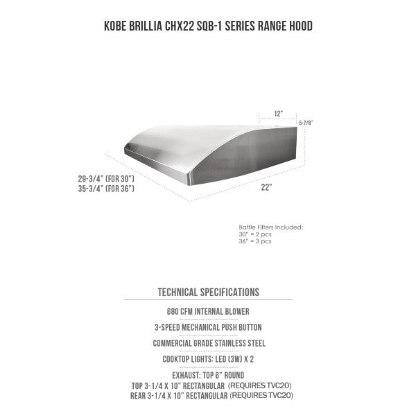 KOBE Brillia CHX2230SQB 30" Stainless Steel 680 CFM Under Cabinet Range Hood
