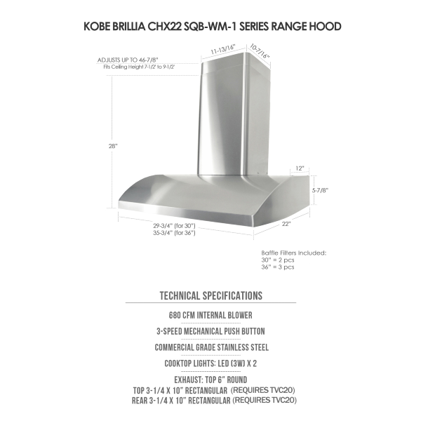 KOBE Brillia CHX22 SQB 36" Stainless Steel 680 CFM Wall Mounted Range Hood