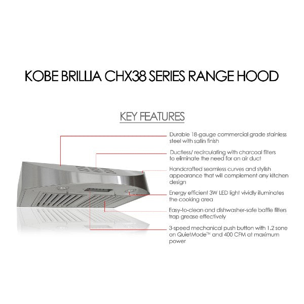 KOBE Brillia CHX38 30" Stainless Steel 400 CFM Ductless Recirculating Under Cabinet Range Hood