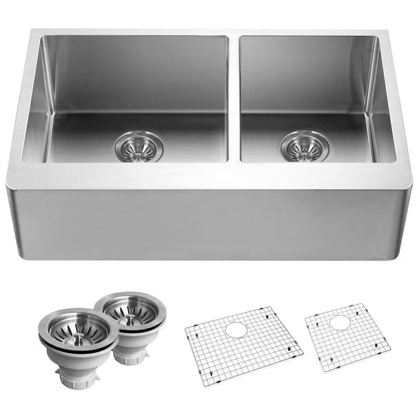 Houzer END-3360SR 33" Double Bowl Stainless Steel Farmhouse Sink