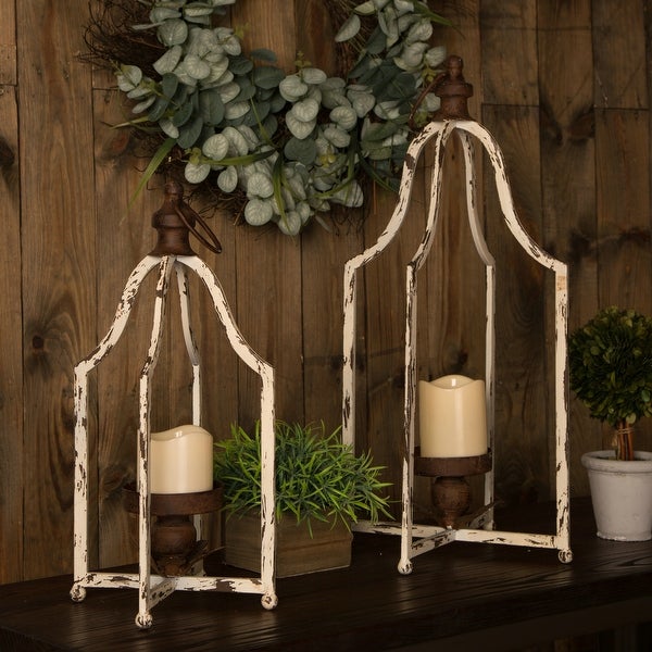 Glitzhome 10" White Farmhouse Decorative Hanging Candle Metal Lanterns