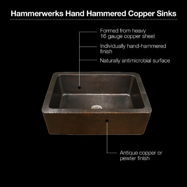 Houzer HW-COP11 32" Hammered Single Bowl Copper Farmhouse Sink