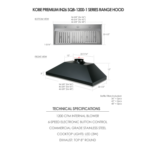 KOBE Premium IN26 SQB-1200-1 36" Stainless Steel 1200 CFM Built-In/Insert Range Hood
