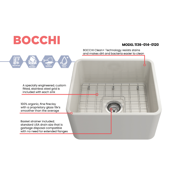 BOCCHI Classico 20" Biscuit Fireclay Single Bowl Farmhouse Sink w/ Grid