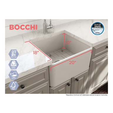 BOCCHI Classico 20" Biscuit Fireclay Single Bowl Farmhouse Sink w/ Grid