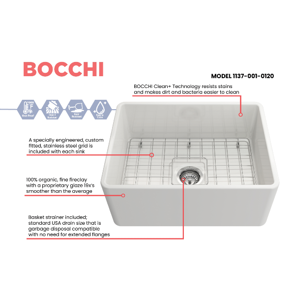 BOCCHI Classico 24" White Fireclay Farmhouse Sink With Grid & Pagano 2.0 Faucet Features