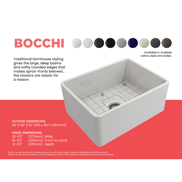 BOCCHI Classico 24" White Fireclay Farmhouse Sink With Grid & Pagano 2.0 Faucet Specifications